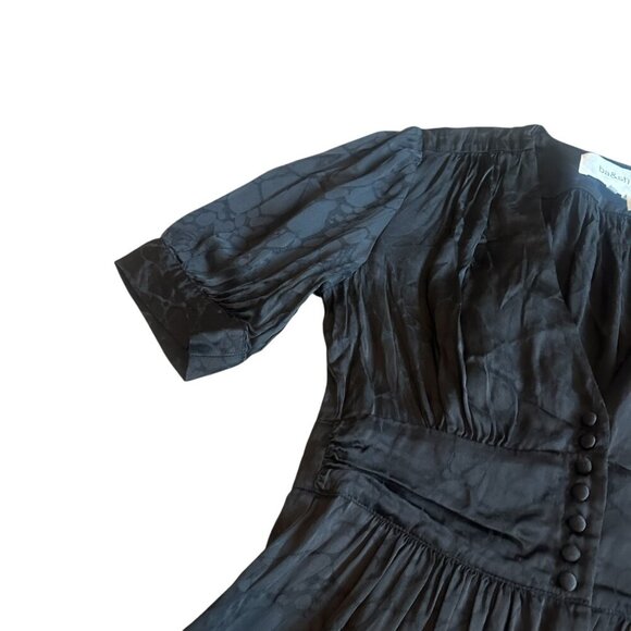 BA&SH Daniela Mini Dress Black Satin Puff Sleeve Subtle Print Size XS Women's - Picture 4 of 12